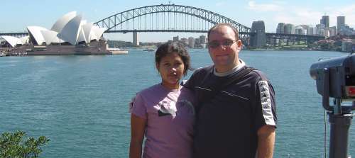 the two of us in front of the Sydney Opera House and Harbour Bridge