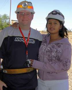 Simon and Dany wearing mining helmets