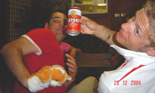 Rupert's hand puppet hides from Dave's beer.