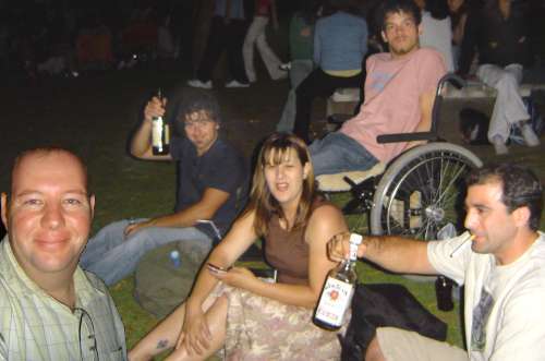 Simon, Mick, Linda, Mark and Frank enjoying a bottle or two